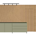Modern Wooden TV Wall Design With Slatted Geometric Pattern And Light Cabinet