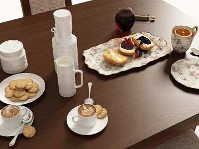 Delicious Breakfast Spread with Cookies Coffee Toast Jam and Milk on Wooden Table 3d model