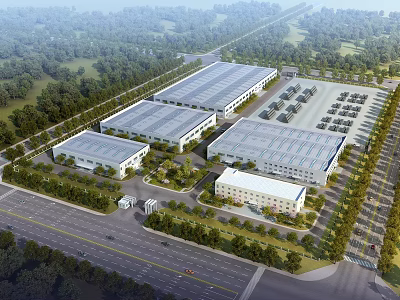 Modern Industrial Factory Complex With Multiple Buildings Greenery Parking And Access Road 3d model