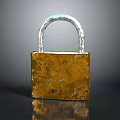 Rusty Golden Padlock With Silver Shackle On Black Reflective Surface 3d model