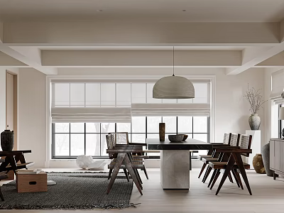 Bright Minimalist Dining Room With Abundant Natural Light Marble Table And Classic Wooden Dining Chairs 3d model