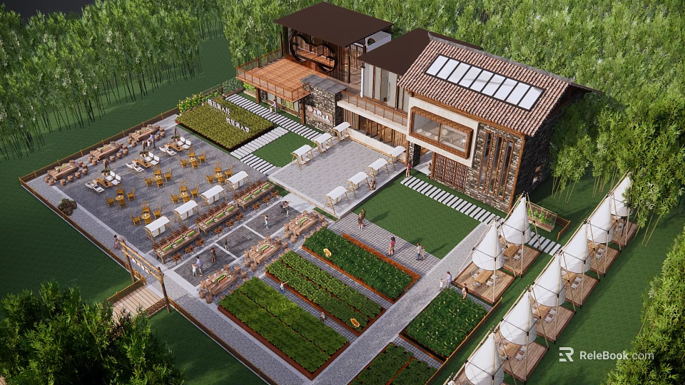Rural Landscape With Farmhouse Building Vegetable Gardens Outdoor Dining Areas And Green Lawns 3d model 