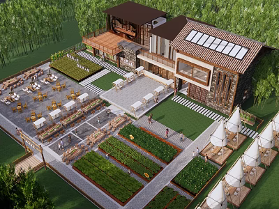 Rural Landscape With Farmhouse Building Vegetable Gardens Outdoor Dining Areas And Green Lawns 3d model