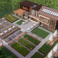 Rural Landscape With Farmhouse Building Vegetable Gardens Outdoor Dining Areas And Green Lawns