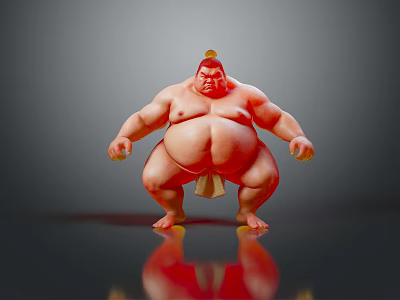 Traditional Sumo Wrestler Man in Red Body Paint with Mawashi Standing on Reflective Floor 3d model