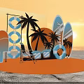 Summer Beach Photo Check-in Spot With Surfboards Palm Trees And Sunset View