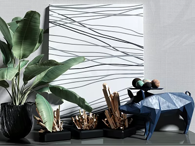 Decorative Ornament Set With Green Plant Abstract Wall Art Geometric Decor And Golden Sticks 3d model