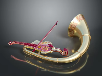 Golden Brass Musical Instrument With Red Violin And Ornate Horn Design 3d model