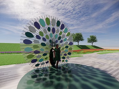 Vibrant Circular Landscape Sculpture With Colorful Green Purple Blue Leaves In Grass Field And Trees 3d model