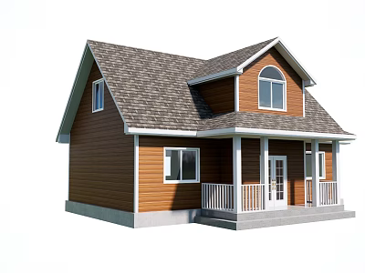Two Story Detached House With Wooden Exterior Gray Roof And White Porch Railings 3d model