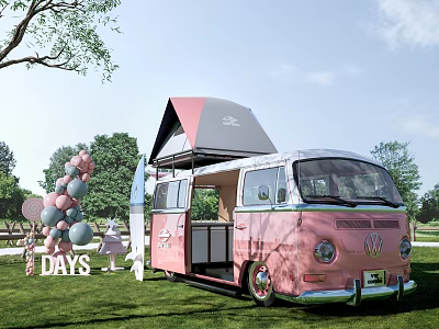 Pink Volkswagen Food Truck With Open Awning Balloon Decorations And DAYS Sign On Green Grass 3d model