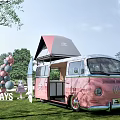 Pink Volkswagen Food Truck With Open Awning Balloon Decorations And DAYS Sign On Green Grass