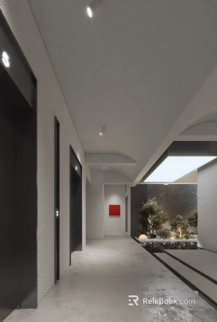 Modern Elevator Corridor With Arched Ceiling Recessed Lights Red Painting Marble Wall And Green Plants 3d model 