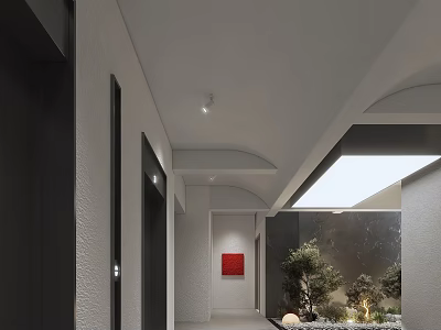 Modern Elevator Corridor With Arched Ceiling Recessed Lights Red Painting Marble Wall And Green Plants 3d model