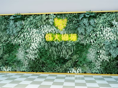 Indoor Green Plant Wall With Golden Frame And Black White Checkered Floor 3d model