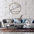 Modern Sofa Coffee Table Set With Circular Wall Art Brick Wall And Decorative Pillows 3d model