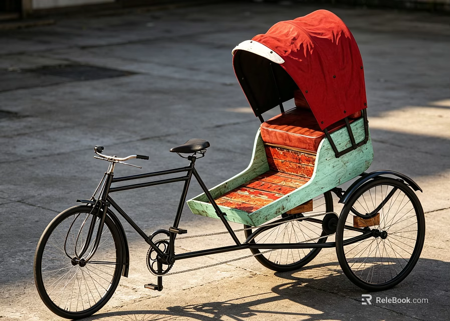 Vintage Bicycle Rickshaw Featuring Red Canopy And Red Seat On Green Black Frame 3d model 