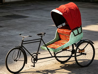 Vintage Bicycle Rickshaw Featuring Red Canopy And Red Seat On Green Black Frame 3d model