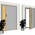 Gray Front Door With Wooden Trim Metal Handle Closed Half Open And Frame