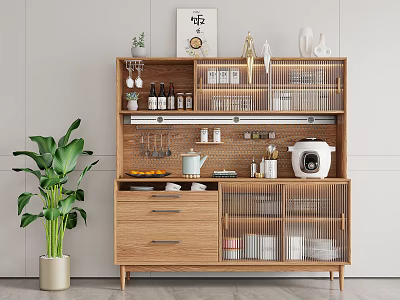 Modern Wooden Sideboard With Drawers Glass Doors And Kitchen Items Near Green Plant 3d model