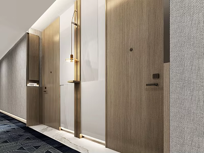 Elegant Modern Hotel Corridor Interior With Wooden Doors Gray Walls And Lighting Fixtures 3d model