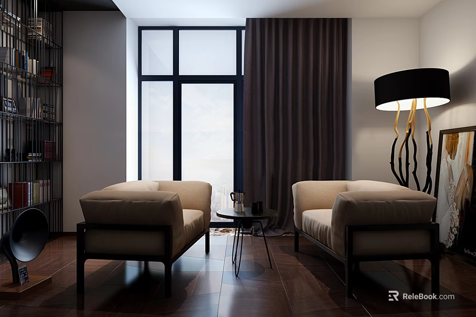 Modern Casual Sofa Set with Beige Sofas Central Coffee Table Dark Curtains and Large Window 3d model 