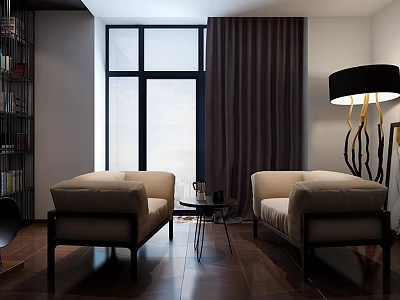 Modern Casual Sofa Set with Beige Sofas Central Coffee Table Dark Curtains and Large Window 3d model