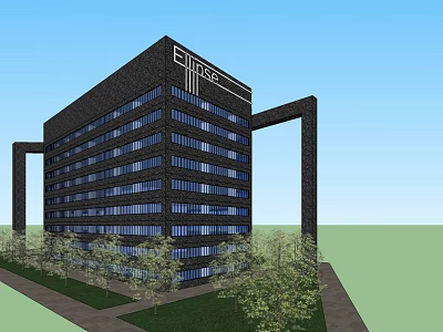 Modern Office Building With Glass Curtain Walls Multi Storey Structure And Surrounding Trees 3d model
