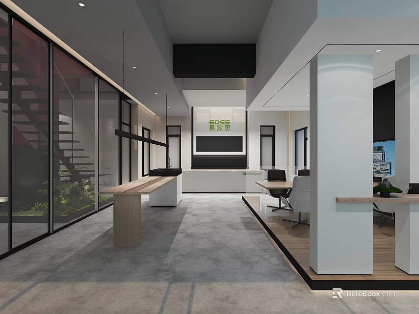 Modern Store Interior Featuring Glass Curtain Walls Staircase White Pillars Wooden Table Green Plants 3d model 