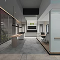 Modern Store Interior Featuring Glass Curtain Walls Staircase White Pillars Wooden Table Green Plants