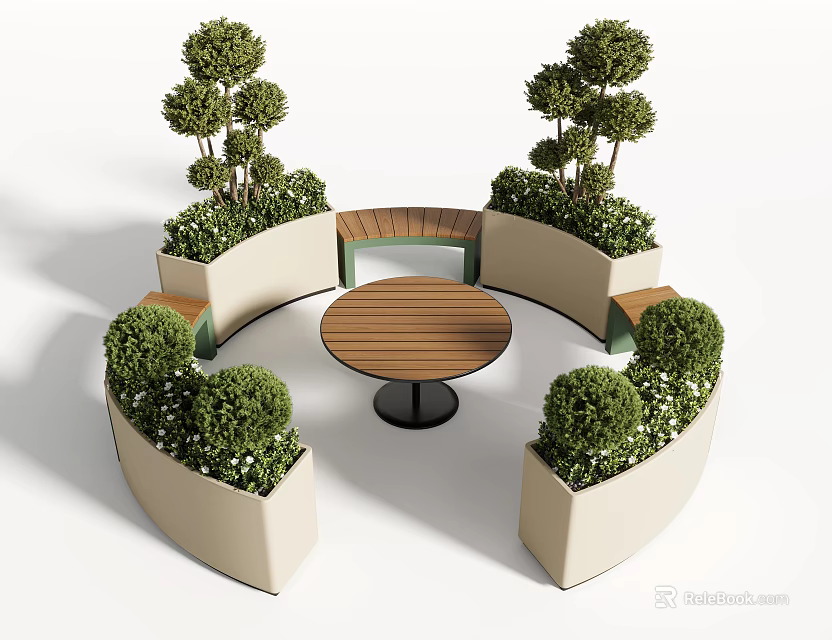 Curved Outdoor Chairs Surrounding Round Wooden Table With Green Plant Planters 3d model 