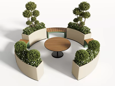 Curved Outdoor Chairs Surrounding Round Wooden Table With Green Plant Planters 3d model