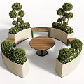 Curved Outdoor Chairs Surrounding Round Wooden Table With Green Plant Planters