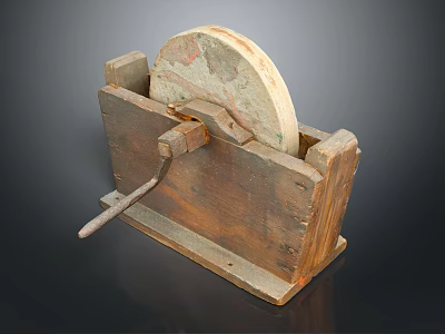 Vintage Garden Ornament With Wooden Structure Circular Stone Disc And Hand Crank 3d model