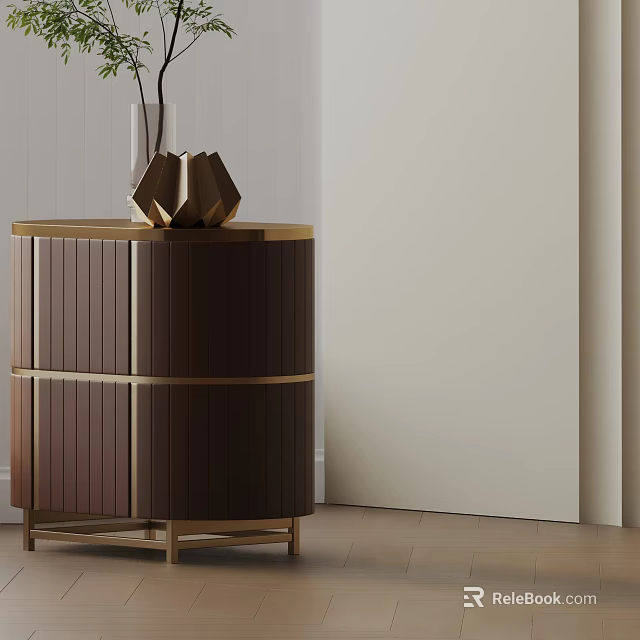 Modern Wooden Bedside Table With Gold Accents Cabinet Doors And Decorative Sculpture Design 3d model 