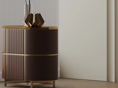 Modern Wooden Bedside Table With Gold Accents Cabinet Doors And Decorative Sculpture Design 3d model