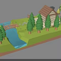 Picturesque Natural Landscape Featuring Log Cabin Wooden Bridge Stream Pine Trees Stone Steps And Grass