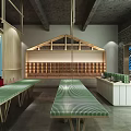 Traditional Interior Design Featuring Wooden Roof Green Grid Table And Fireplace