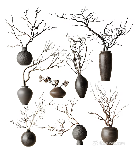 Elegant Ceramic Vases With Decorative Branches For Modern Floral Home Decor 3d model 