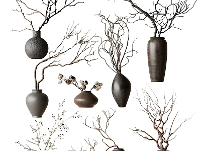 Elegant Ceramic Vases With Decorative Branches For Modern Floral Home Decor 3d model