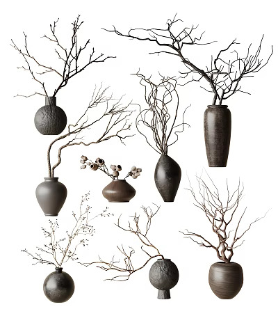 Elegant Ceramic Vases With Decorative Branches For Modern Floral Home Decor 3d model