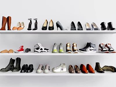 Various Types Of Fashionable Shoes Including Sneakers High Heels Boots And Casual Styles On Shelves 3d model