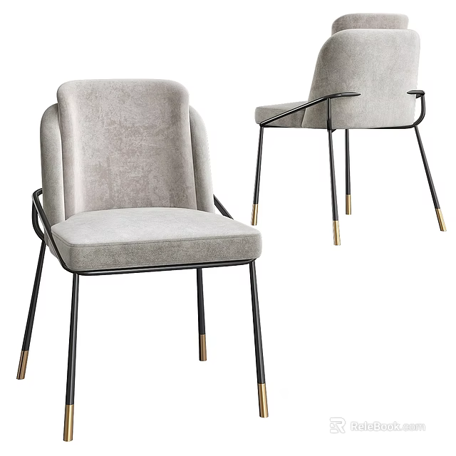 Modern Single Accent Chair With Light Gray Upholstery And Black Metal Gold Accent Legs 3d model 