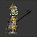The Man Warrior In Golden Silver Armor With Decorated Helmet And Spear
