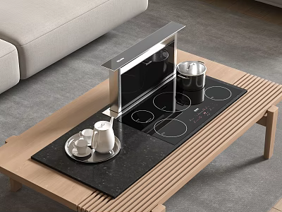Kitchen Appliances Featuring Wooden Countertop Black Induction Cooktop Silver Range Hood And Stainless Steel Pot 3d model