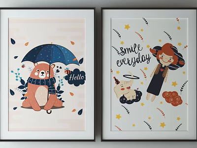 Cute Framed Wall Art With Bear Blue Umbrella Hello Text And Girl Smile Everyday 3d model