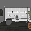 Modern Office Interior With Dark Wood Desk Open Shelves Green Plant Artwork And Natural Light