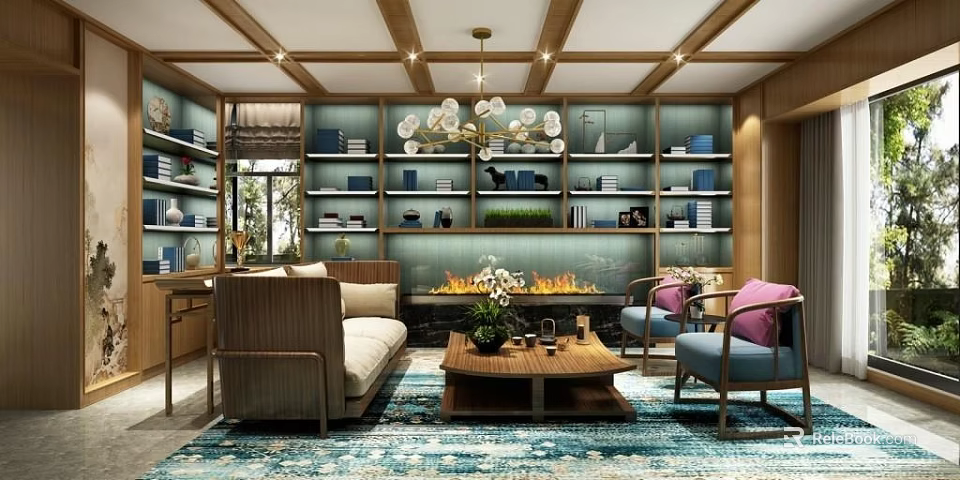 Traditional Living Room Interior Design With Sofa Coffee Table Fireplace And Wooden Bookshelves 3d model 
