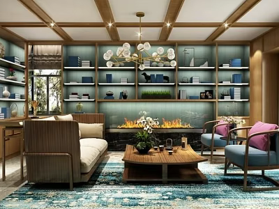 Traditional Living Room Interior Design With Sofa Coffee Table Fireplace And Wooden Bookshelves 3d model