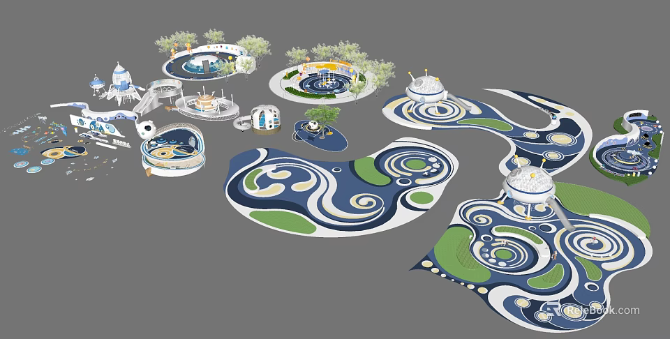 Children's Play Area With Circular Zones Curved Paths Green Lawns And Play Structures 3d model 